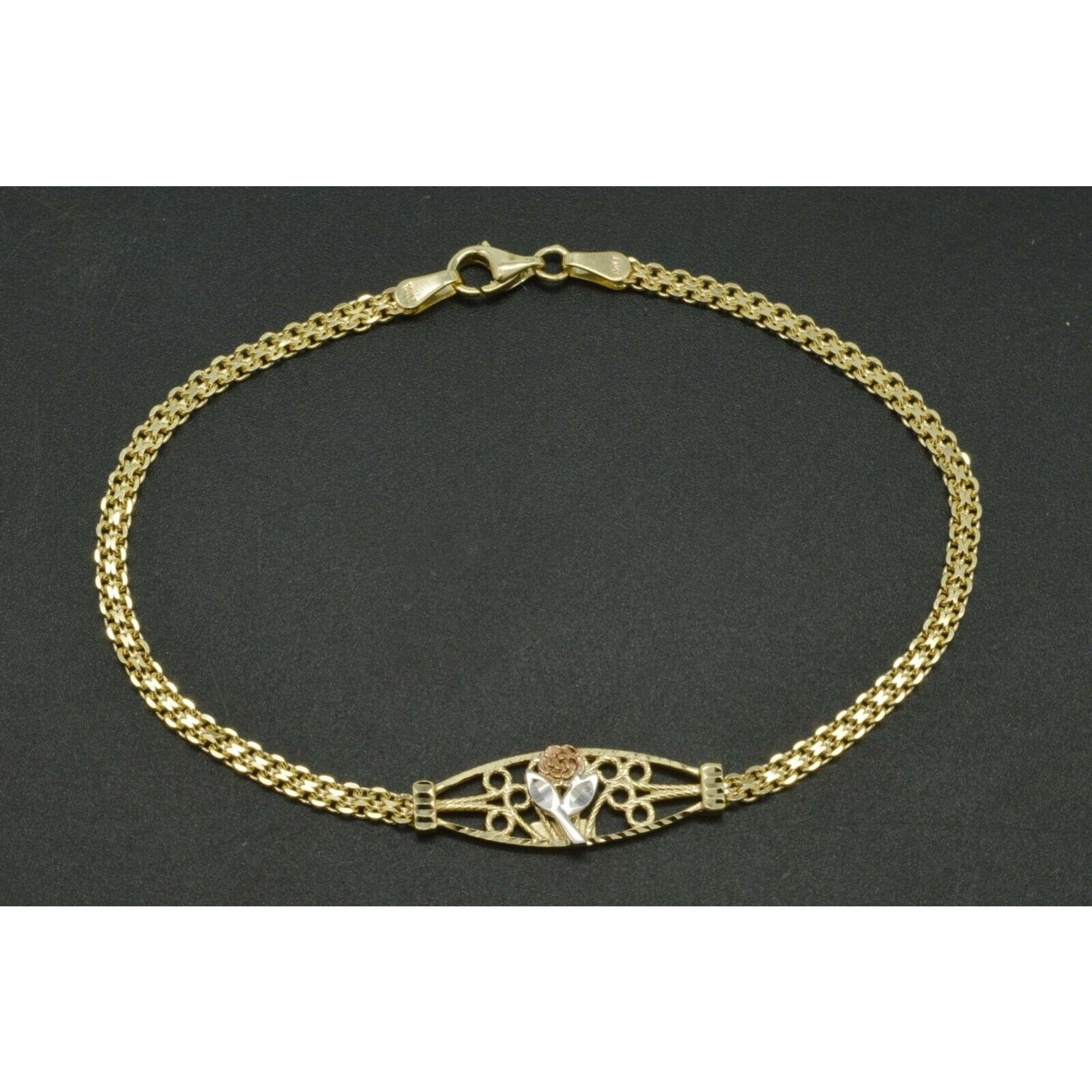 10k Yellow Solid Gold Bismark Link Rose Bracelet 7